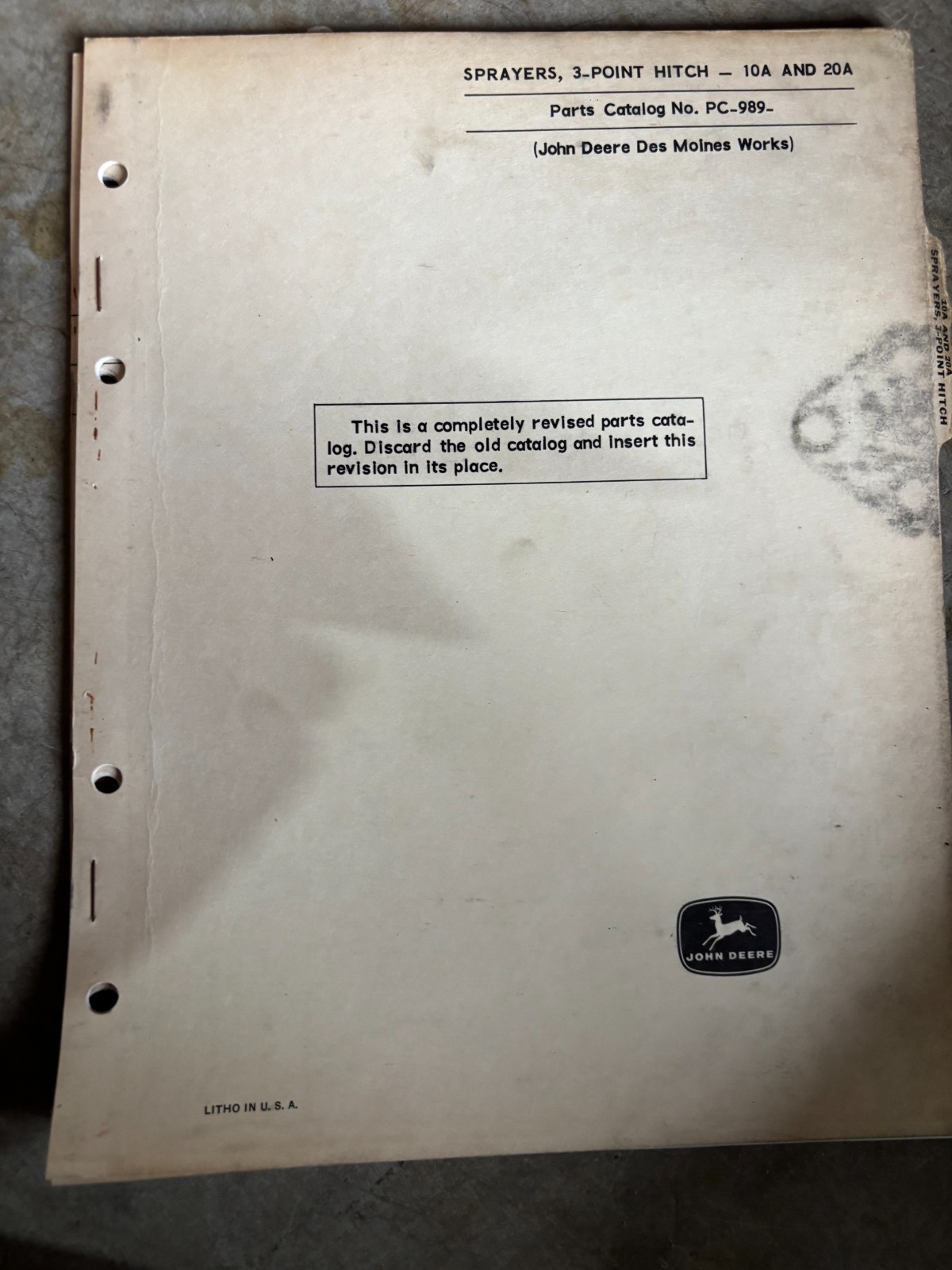 John Deere 10A 20A 3 Point Hitch Mounted Sprayer Parts Book Manual AMIL26