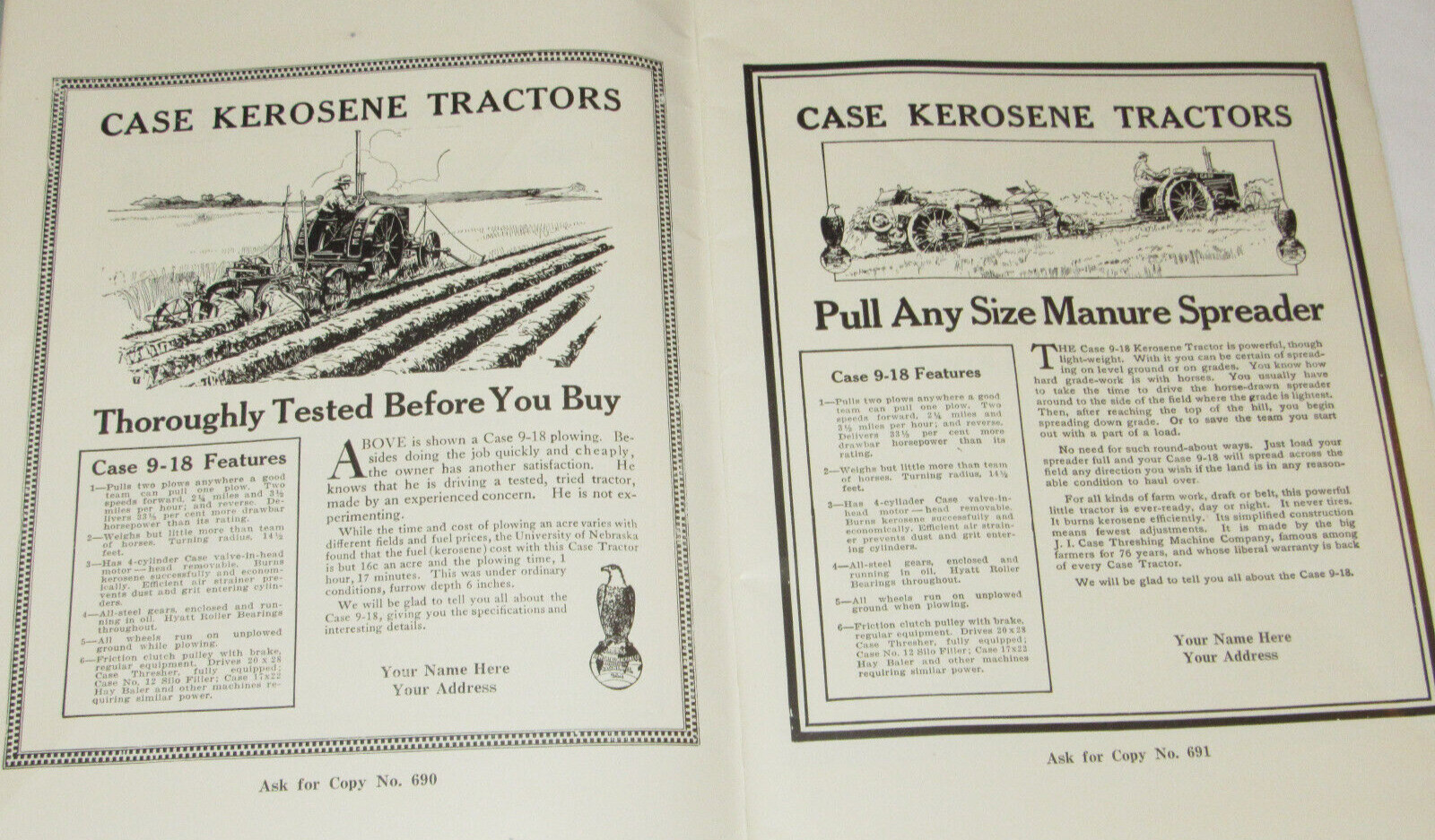 VINTAGE 1918 JI CASE DEALER READY-MADE ADS CATALOG! TRACTORS/THRESHERS/HAY BALER