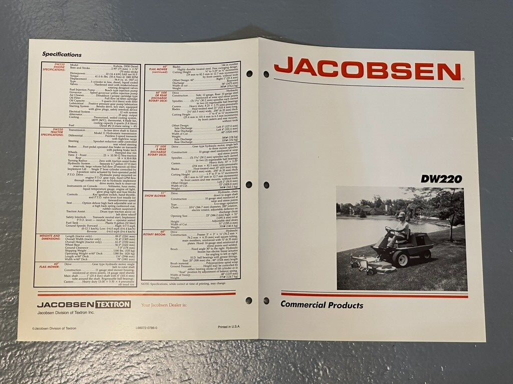 Vintage JACOBSEN Commercial Lawn TRACTOR MOWER CR50 DW220 Advertising Brochure