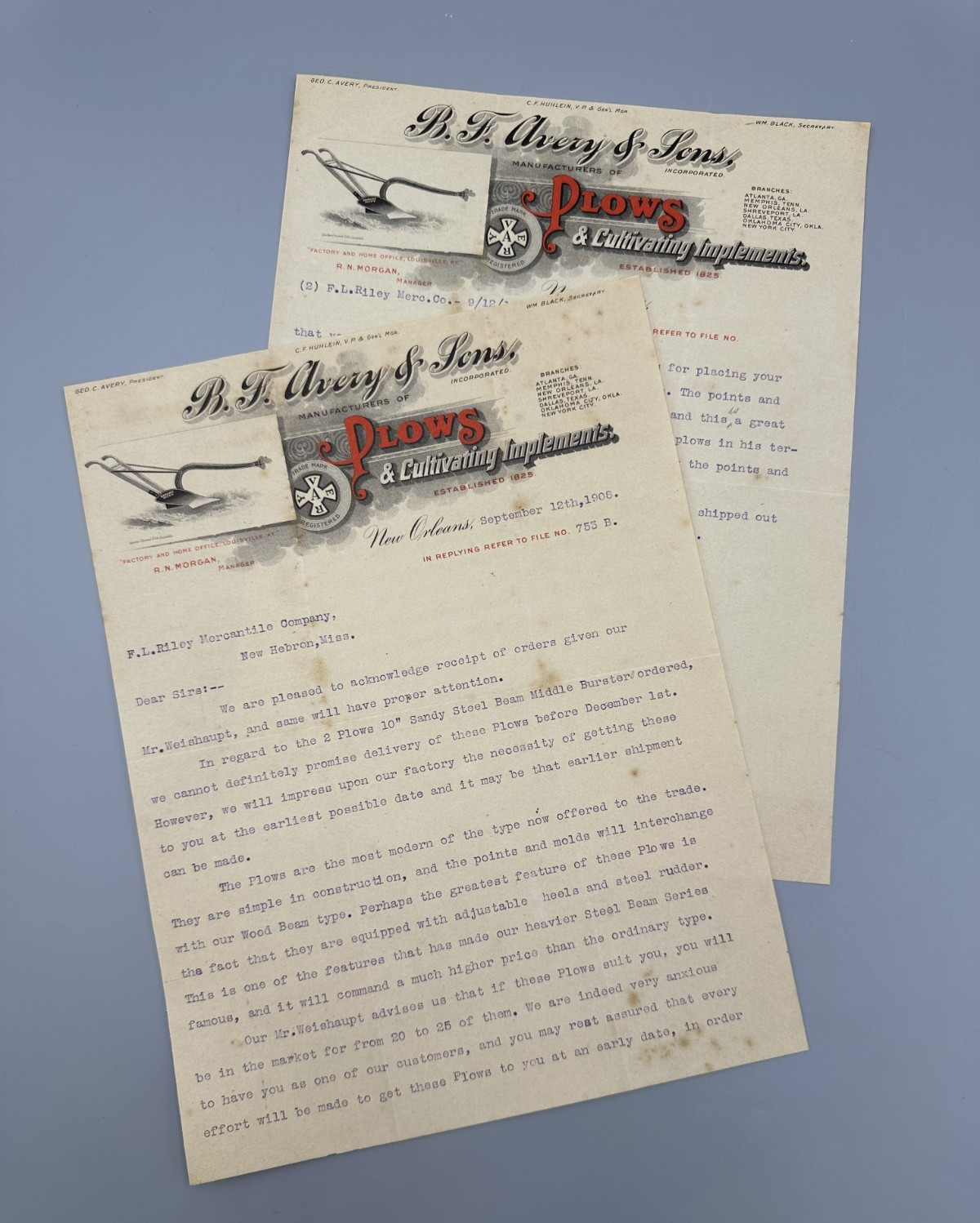 1908 B F AVERY & Sons PLOWS Letter FARM Advertising NEW ORLEANS 2-Page