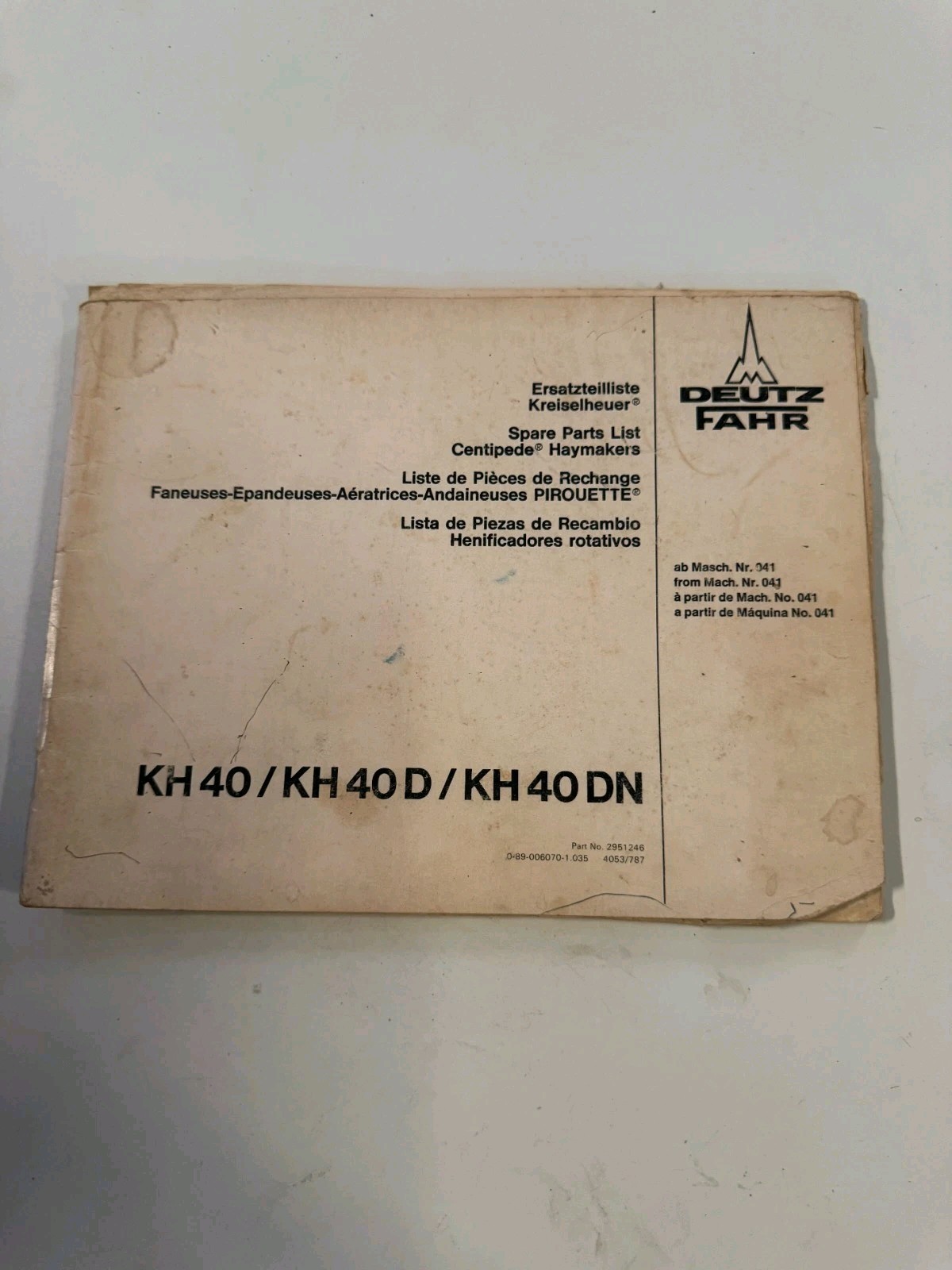 Deutz Fahr KH 40 / KH 40 D/ KH 40 DN Spare Parts List 1989
