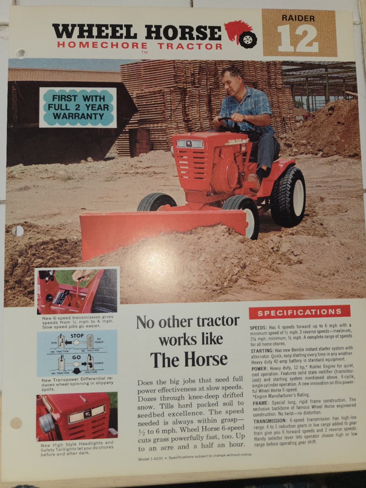 1960s WHEEL HORSE RAIDER 12 DEALER AD WITH SPECIFICATIONS DOUBLE SIDED