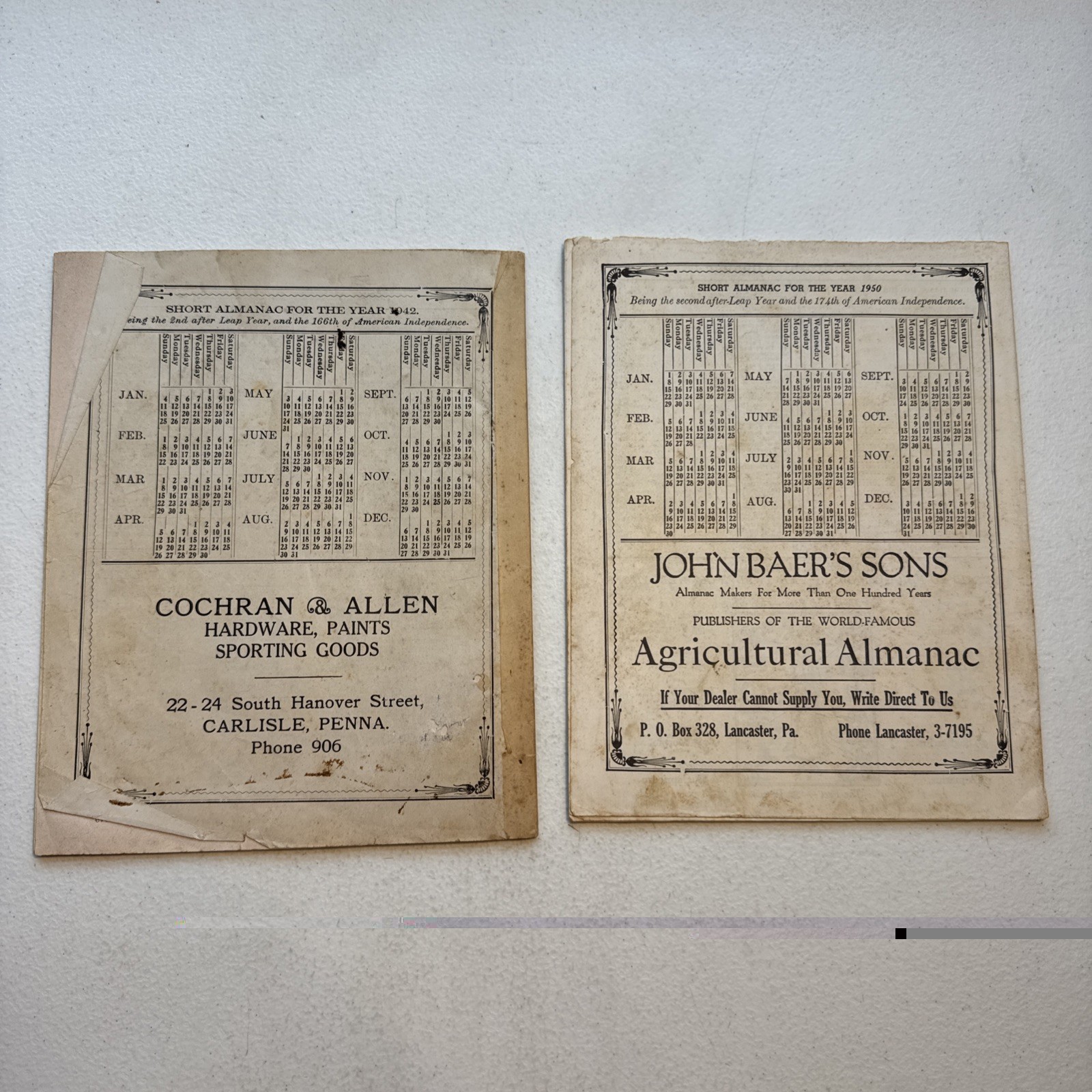 Vintage 1942 & 1950 John Baer’s Sons Agricultural Almanac Lancaster, PA