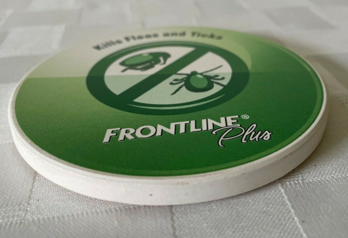 Frontline Plus Dog Flea Tick Promo Coasters Set of 4 Ceramic Cork Back 3.5” Vtg
