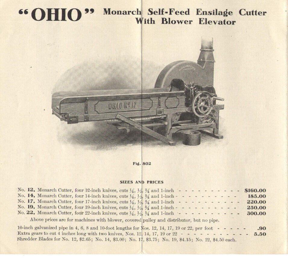 1909 OHIO FEED & ENSILAGE CUTTERS, FODDER SHREDDERS, BLOWER & ELEVATORS BROCHURE