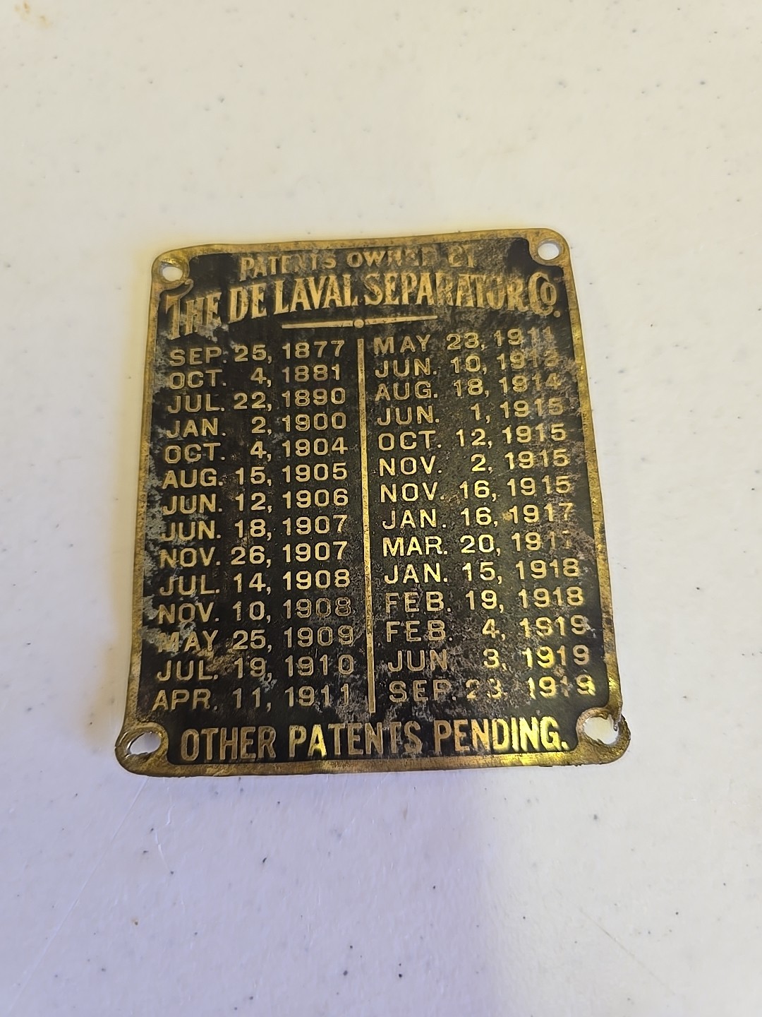 Antique De Laval Seperator Co Advertising 1919 Brass Patent List Badge Emblem