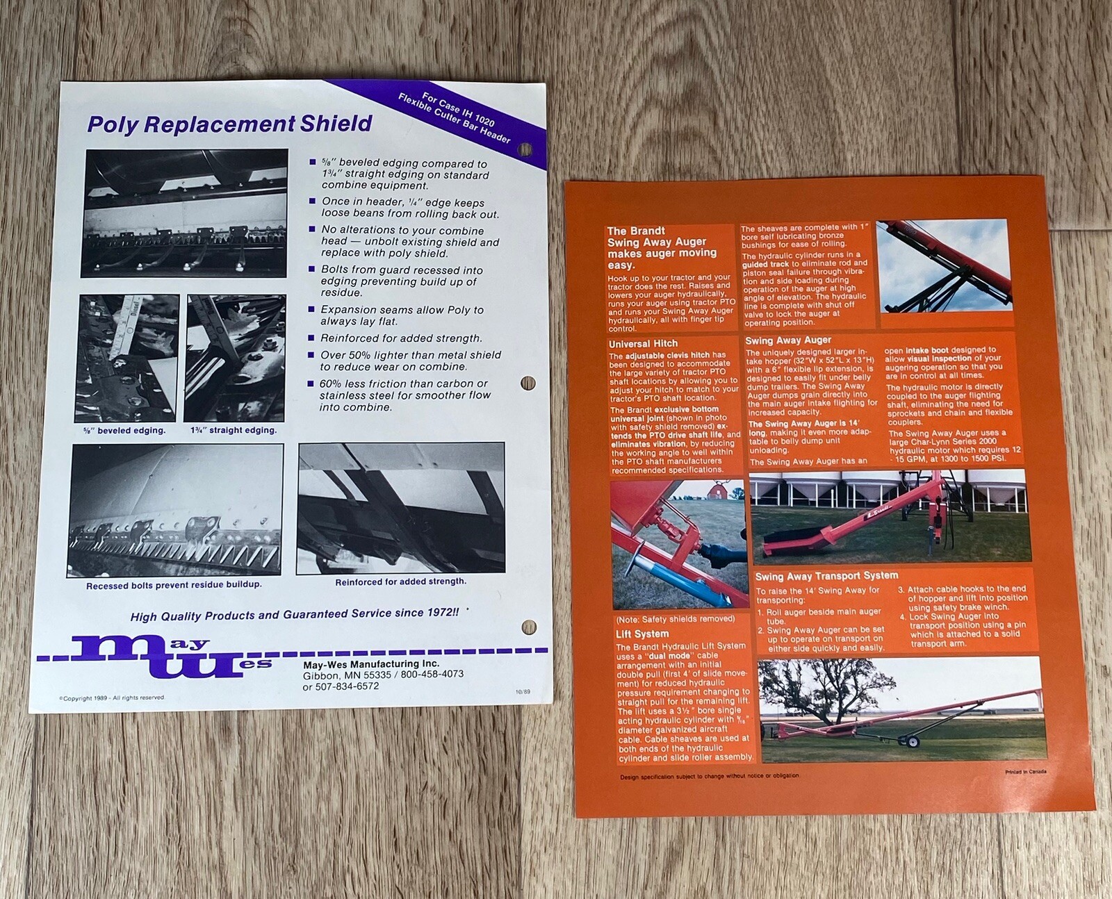 2 Agriculture Sales Brochures Poly Chaff Spreader & Brandt Swing Away Auger