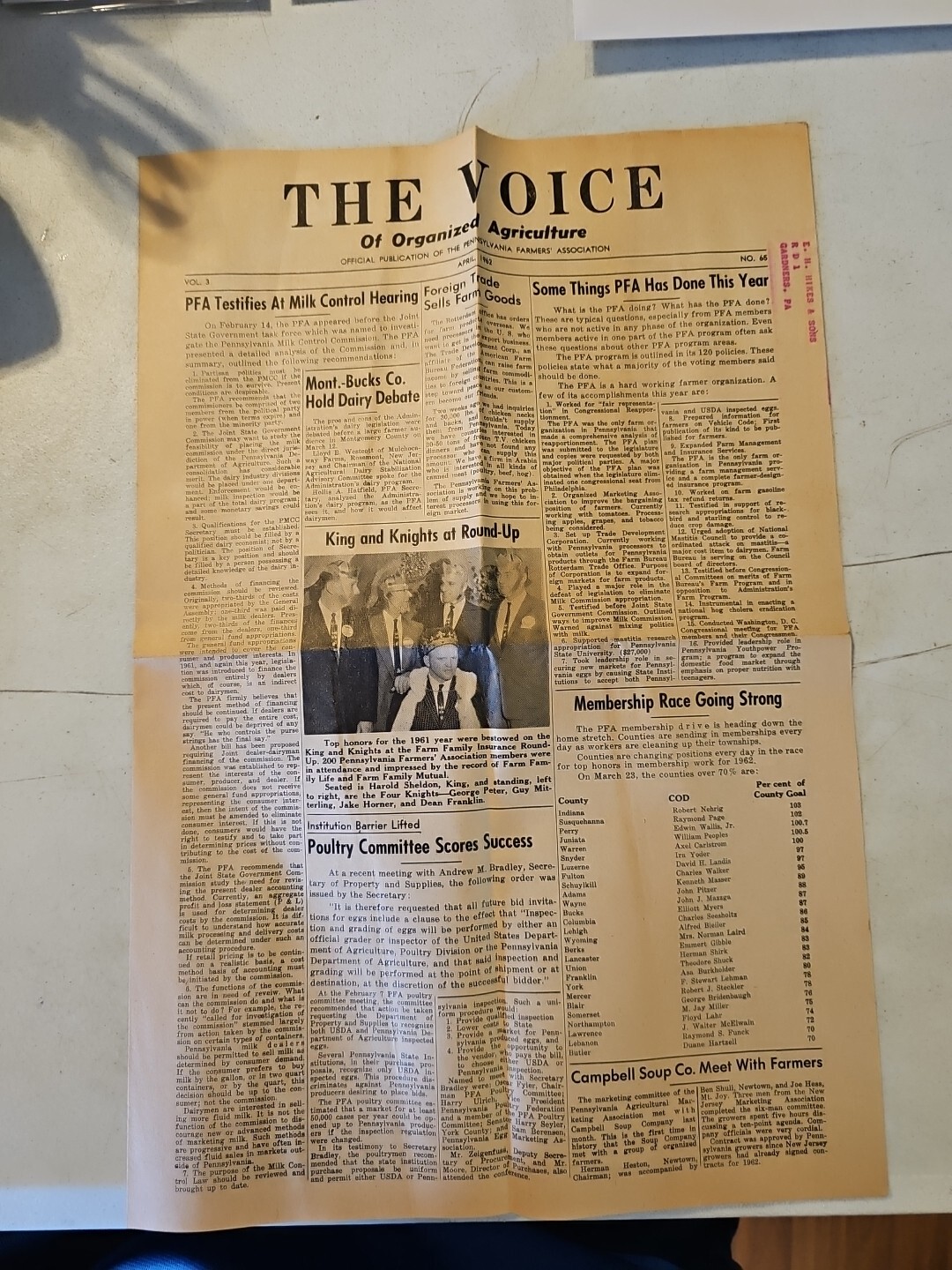 The Voice Of Organized Agriculture Newspaper April 1962. Pennsylvania Farmers