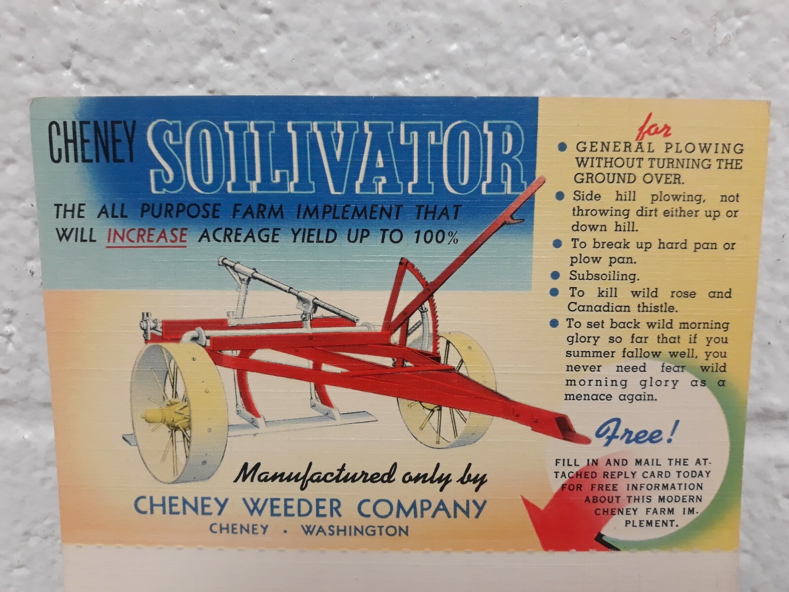 NOS Vintage Cheney Weeder Co. Soilivator farm implement double postcard, color
