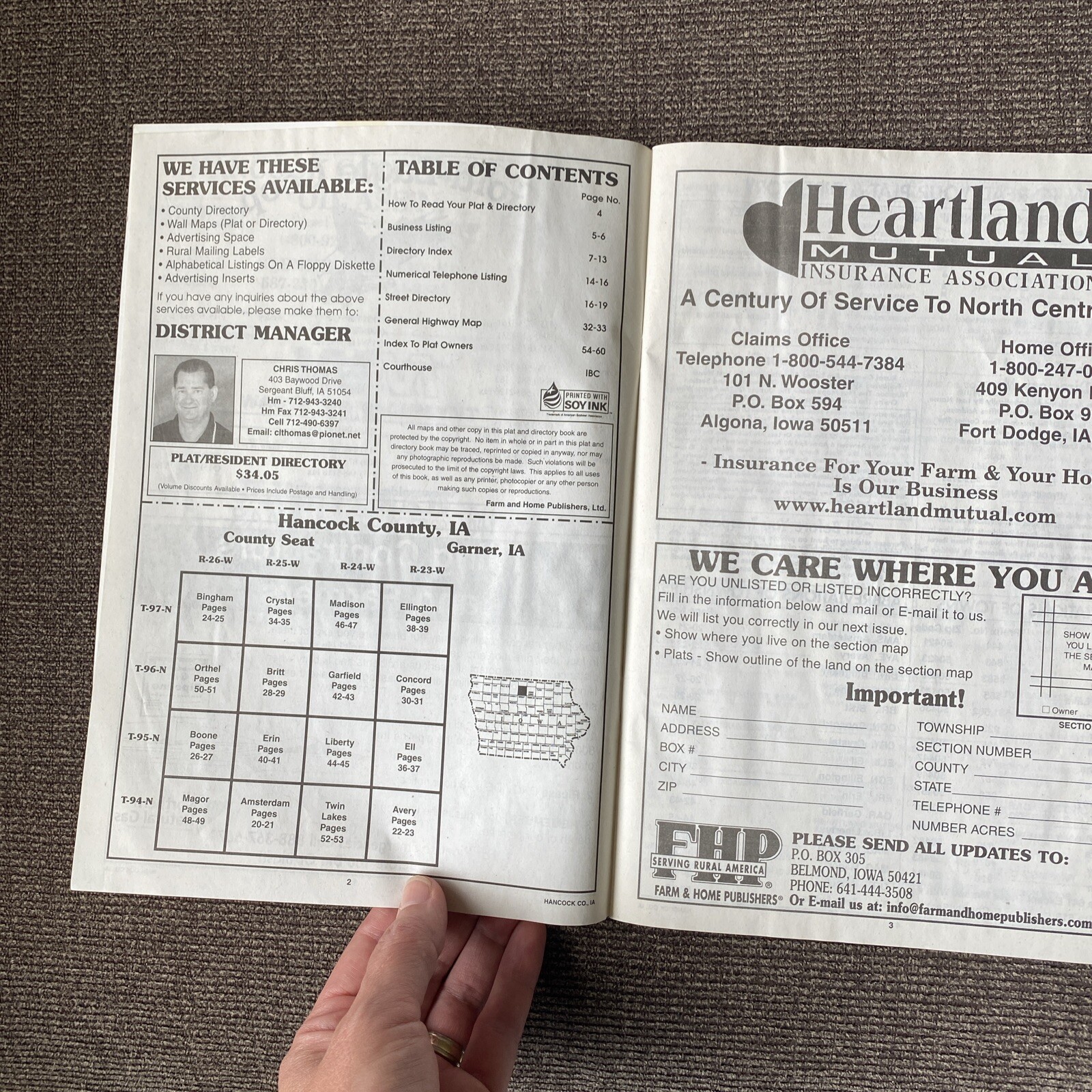 2003 Farm & Home Publishers Farm Plat Directory Book Hancock County Iowa FHP