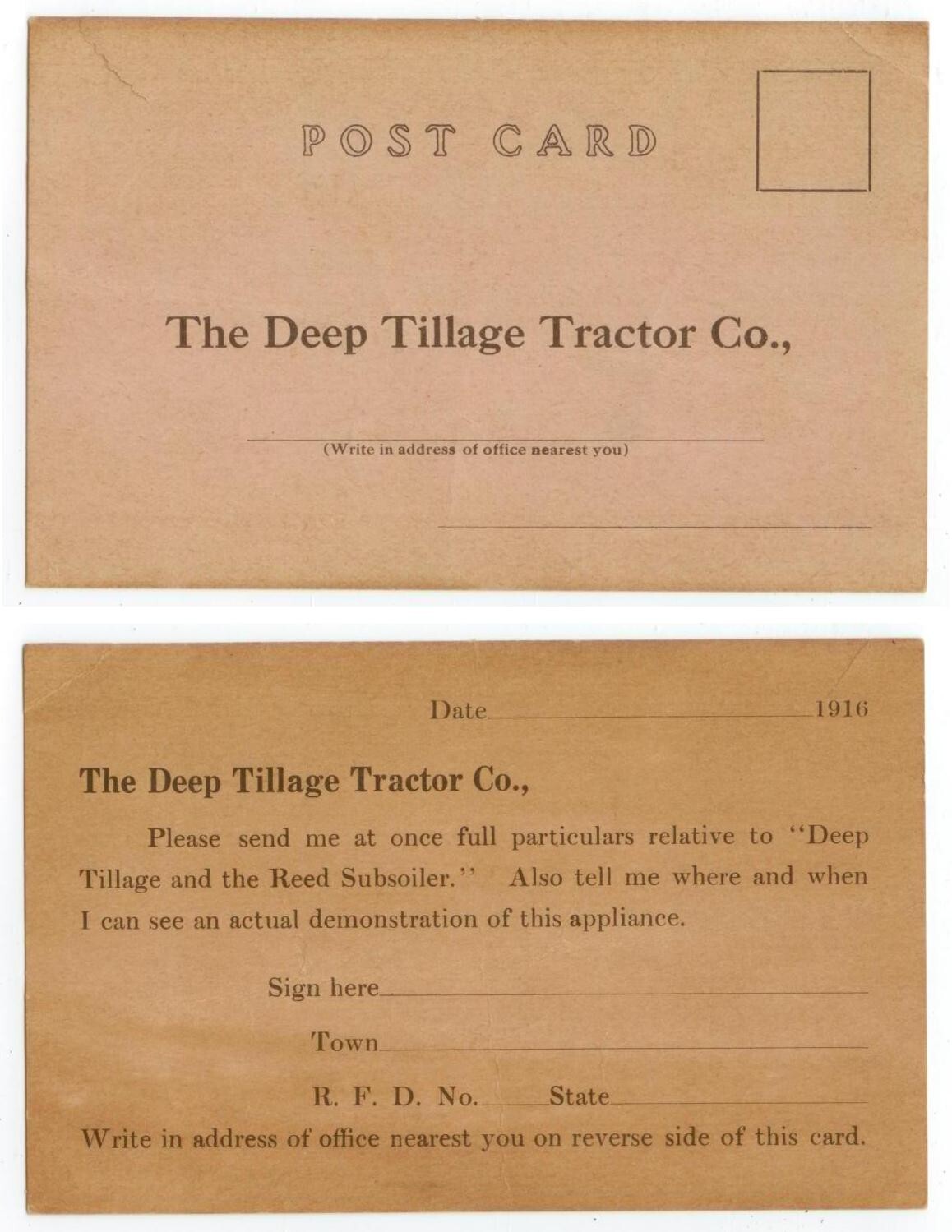 1916 The Deep Tillage Tractor Company advertising postcard