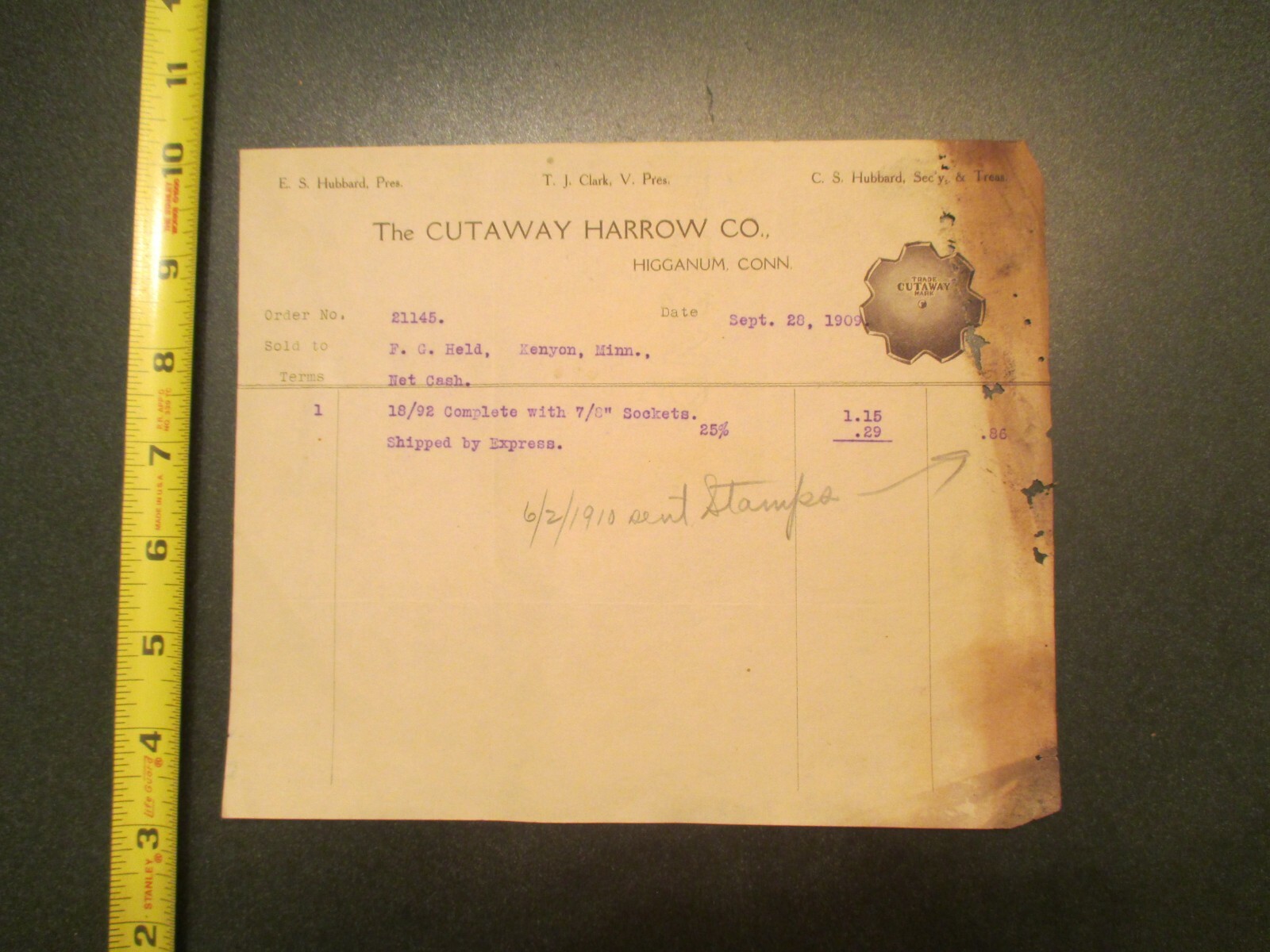 The Cutaway Harrow Co Higganum Connecticut CT Conn 1909 Invoice Letterhead 796