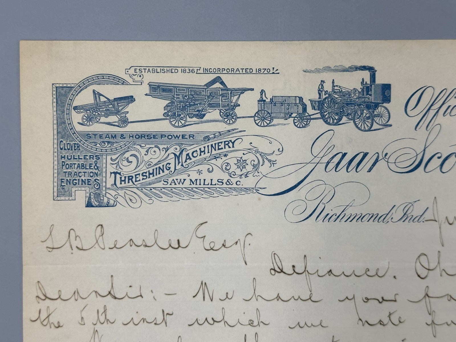1889 GAAR SCOTT Saw Mills THRESHING MACHINES Letter FARM Advertising RICHMOND IN