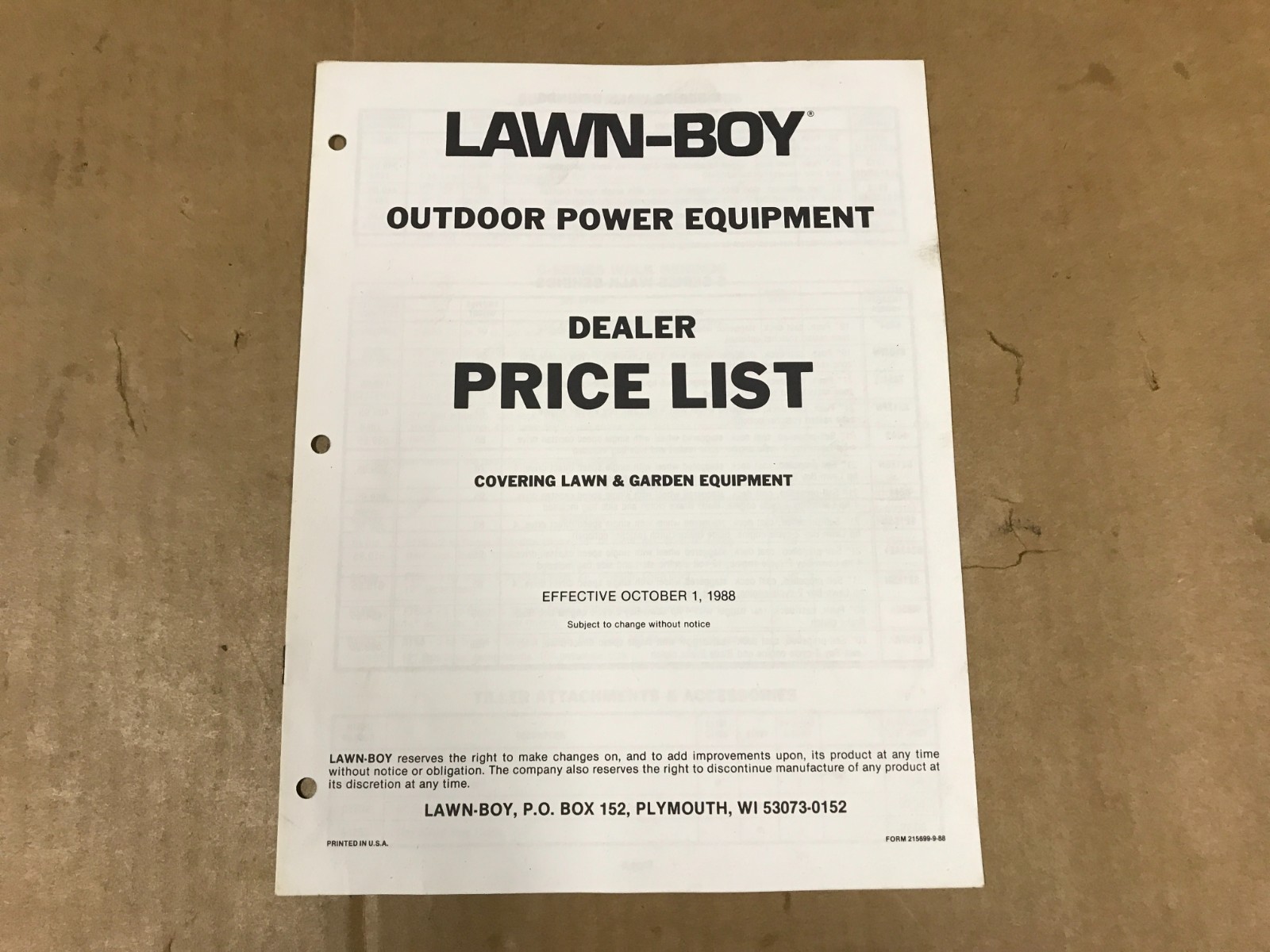 Vintage Lawn-Boy Outdoor Power Equipment Dealer Price List – October 1988