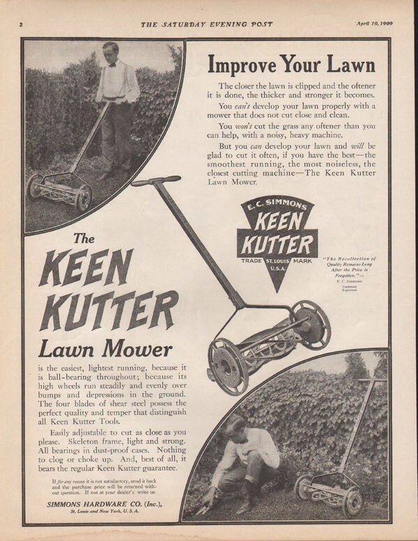 1909 EC SIMMONS KEEN KUTTER LAWNCARE PUSH MOWER OUTDOOR ST LOUIS YARD AD 9557