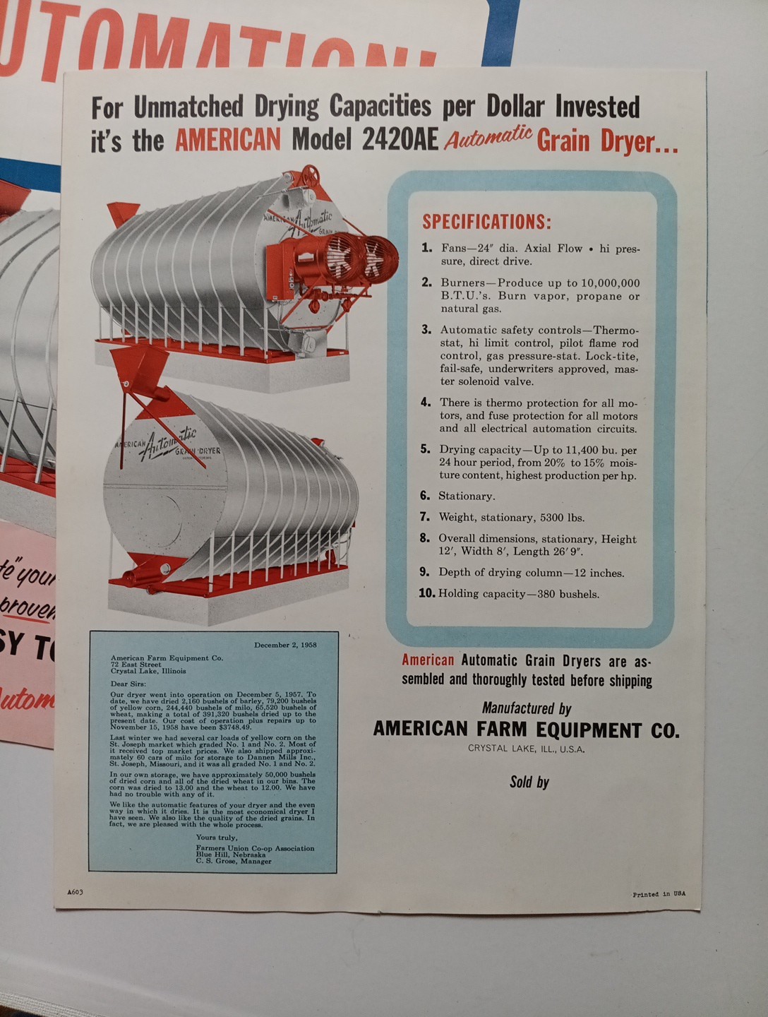 3 American Farm Equipment Co Sales Advertising Flyer Brochures 2412AE, 2420AE