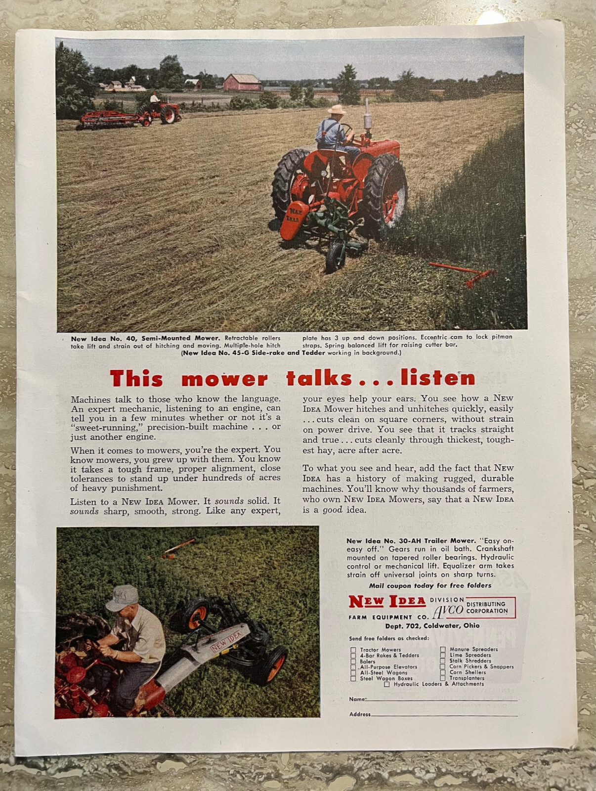 1953 New Idea Mower Tractor No 40 Avco Distributing Corp Farm Vtg Print Ad