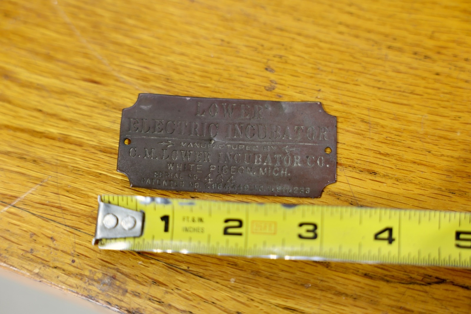 Vintage Lower Electric Incubator Brass Tag Nameplate Emblem White Pigeon MI
