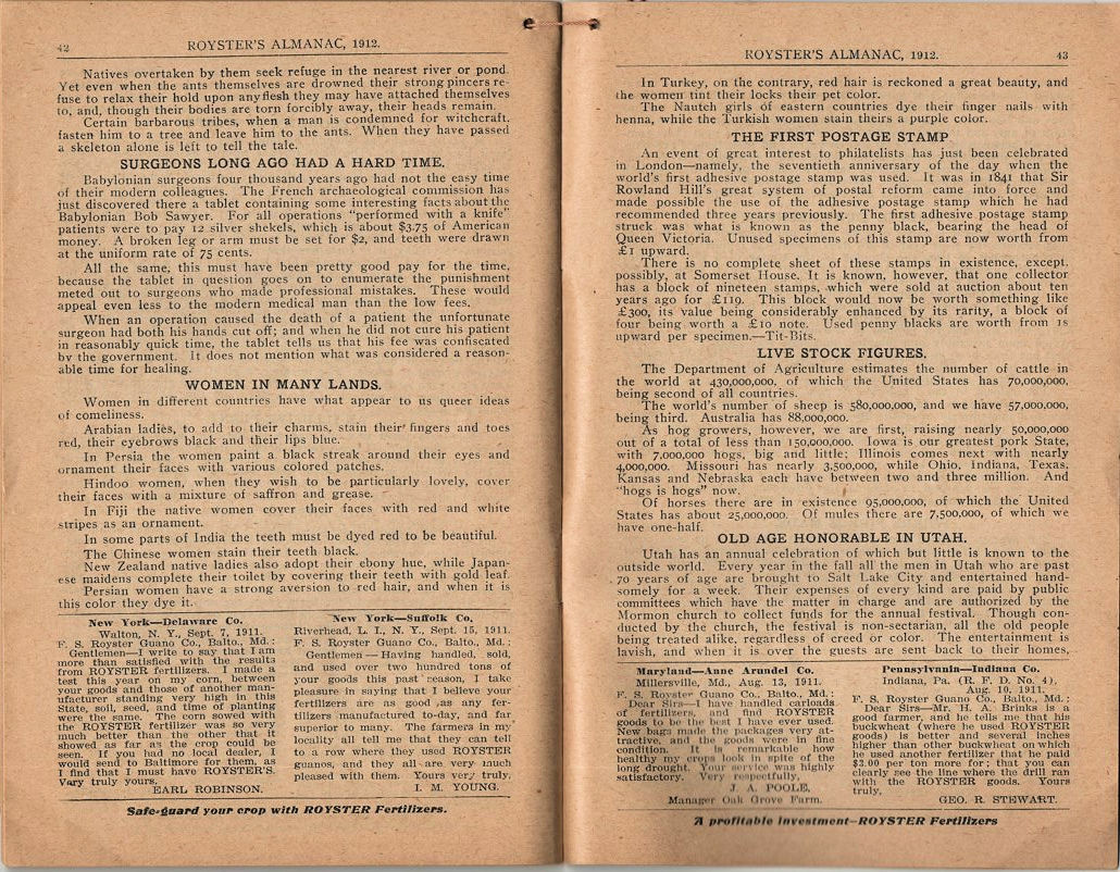 1912 Baltimore Royster Guano Co. Almanac Advertising Piece 50p. Facts Weather