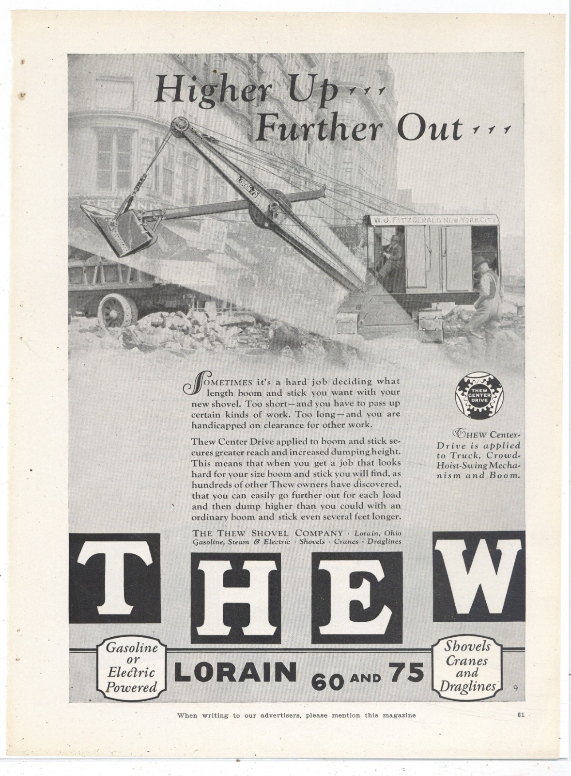 1927 Thew Shovel Co. of Lorain OhiO Ad: Power Shovel WJ Fitzgerald New York City
