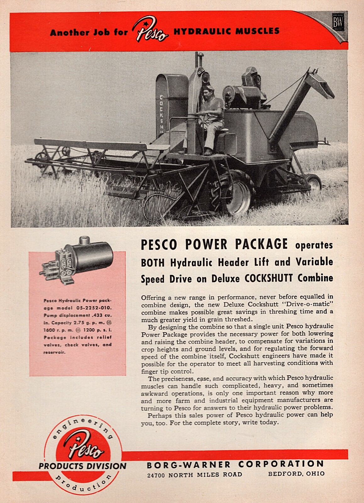 1951 Cockshutt Drive-O-Matic Combine Tractor Original Pesco Print Ad