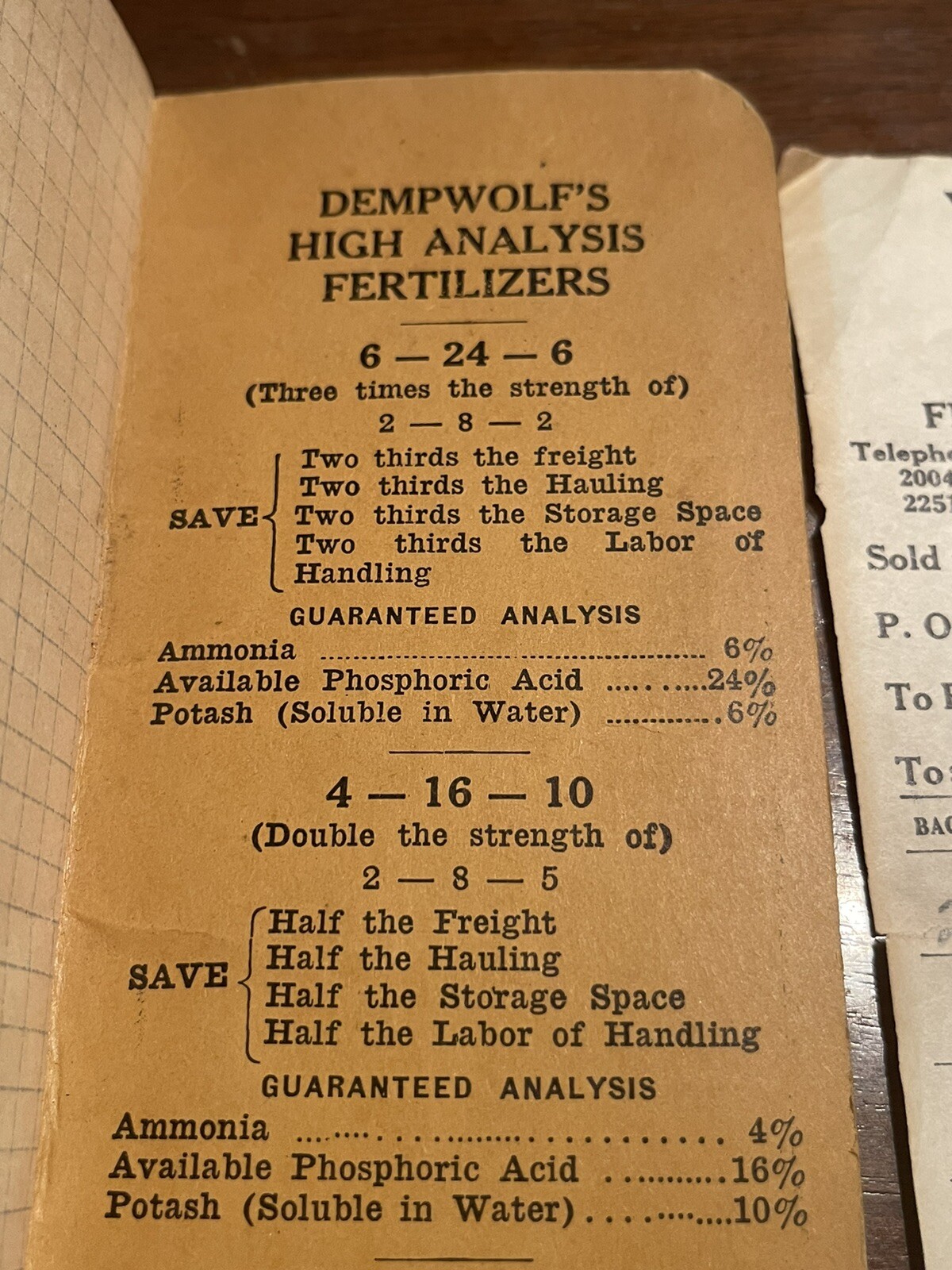 Dempwolfs Fertilizers advertising brochure and sales receipt