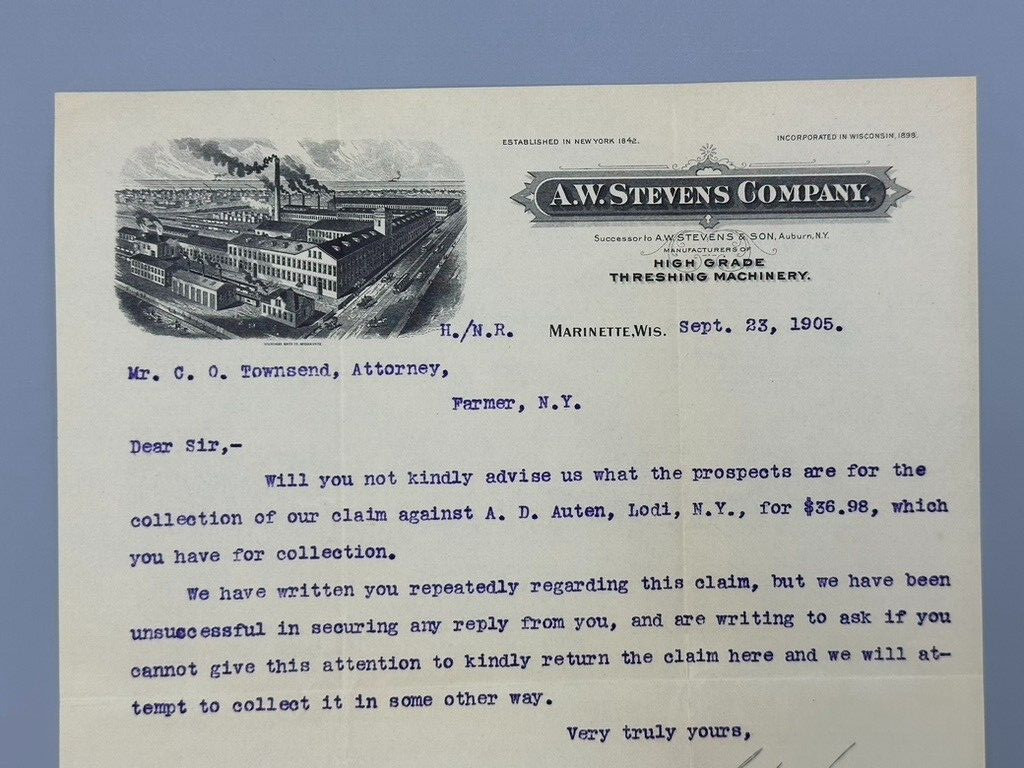 1905 AW Stevens THRESHING MACHINERY Advertising FARM Letter MARINETTE Wisconsin