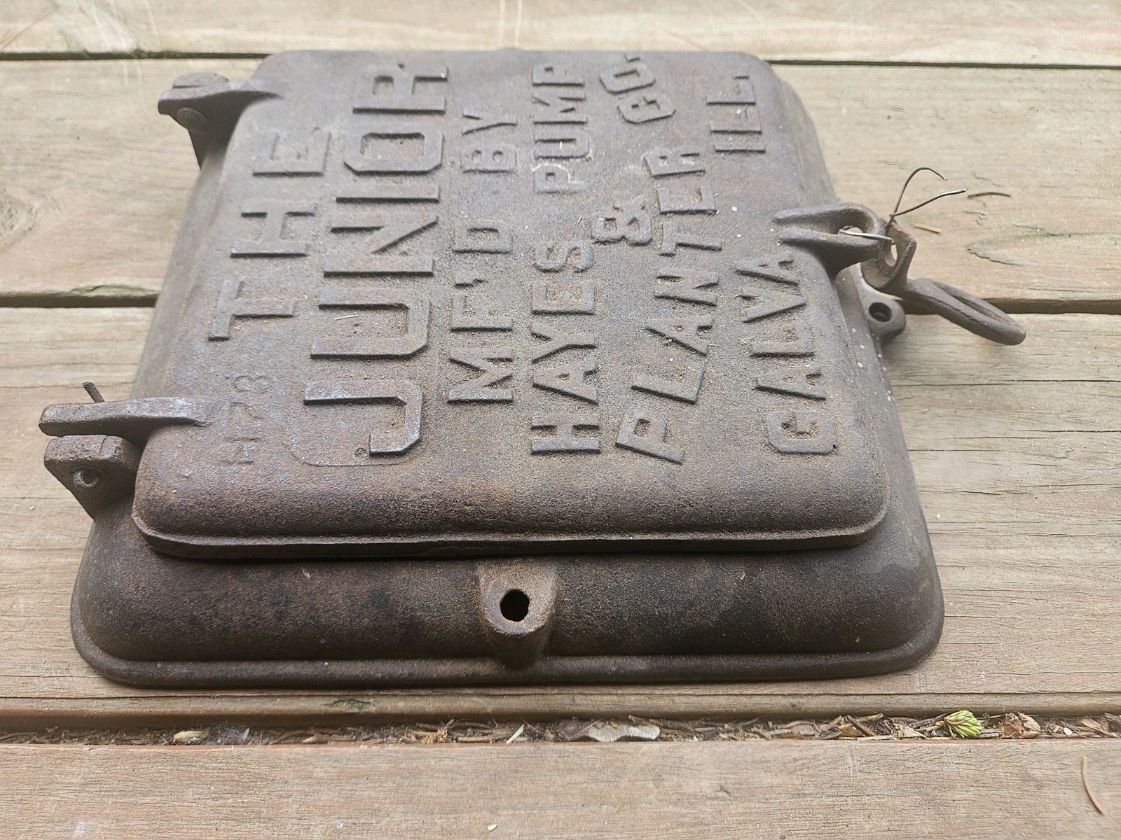 The Junior Hayes Pump Planter Cast Iron Lid for Corn Box Galva Illinois Vintage