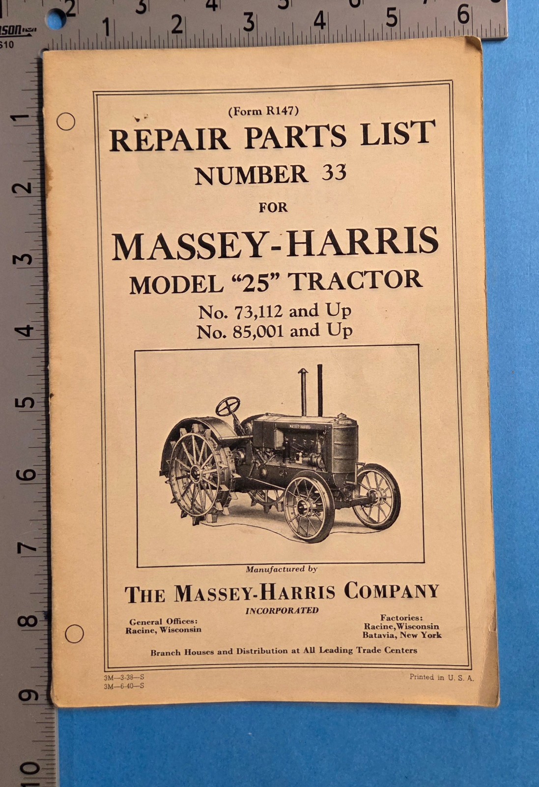 Vintage Massey Harris Model 25 Tractor Manual Parts List Catalog 1940