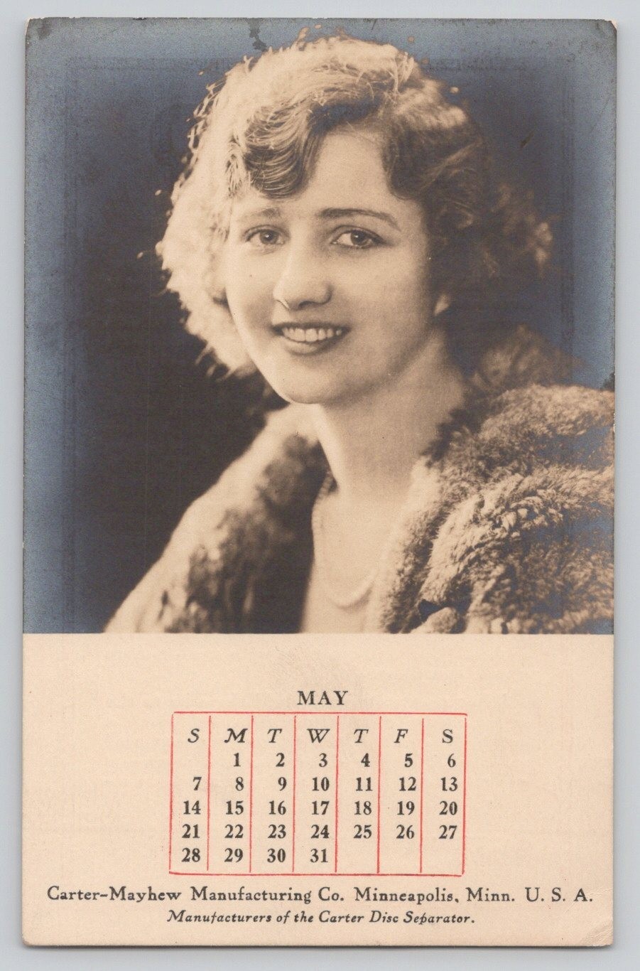 Carter Disc Separator Carter Mayhew Mfg Co May Calendar Trade Card 3.5×5.75&Prime;