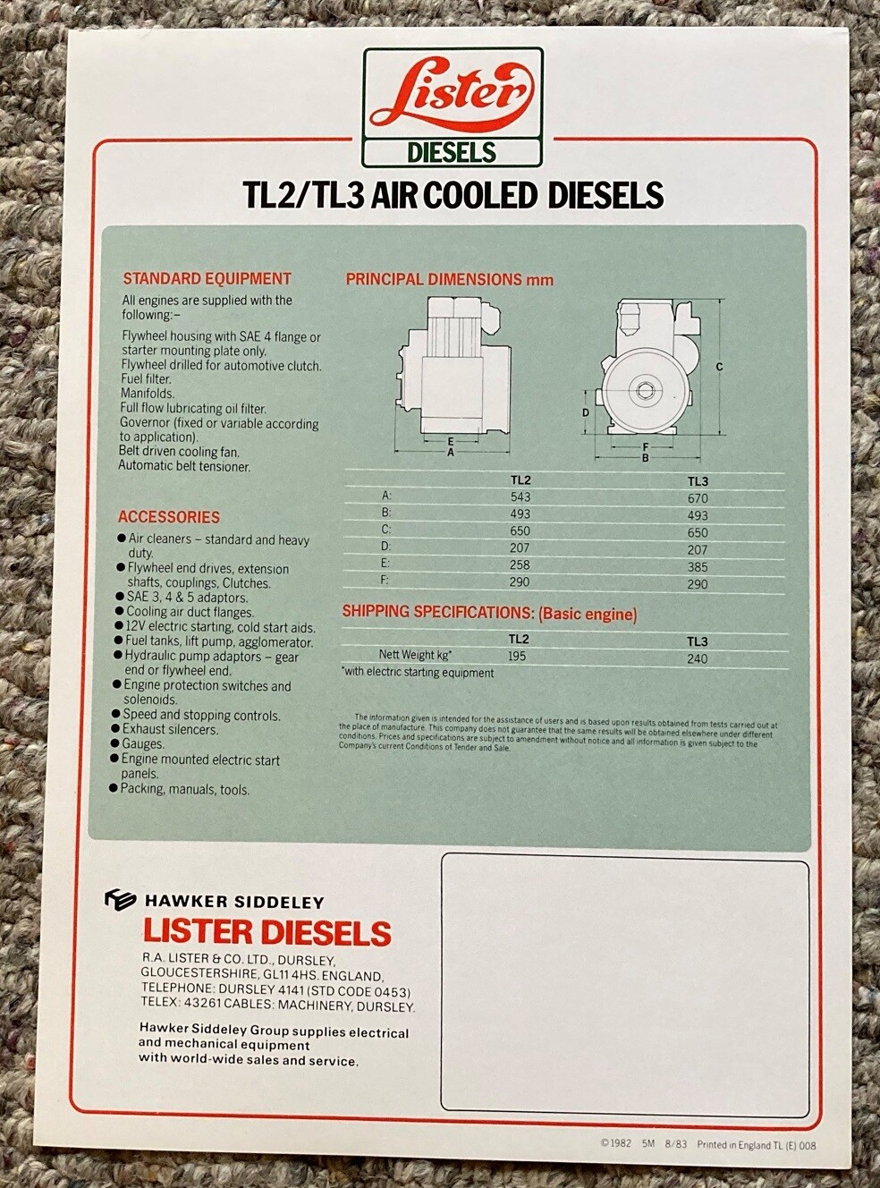 LA166 Lister Diesel Engine TL2/TL3 Air Cooled Specification Sheet