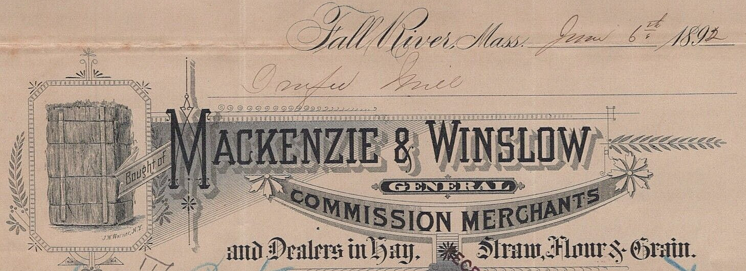 1892 Hay & Straw Dealer Mackenzie & Winslow Paper Delivery Receipt A11n