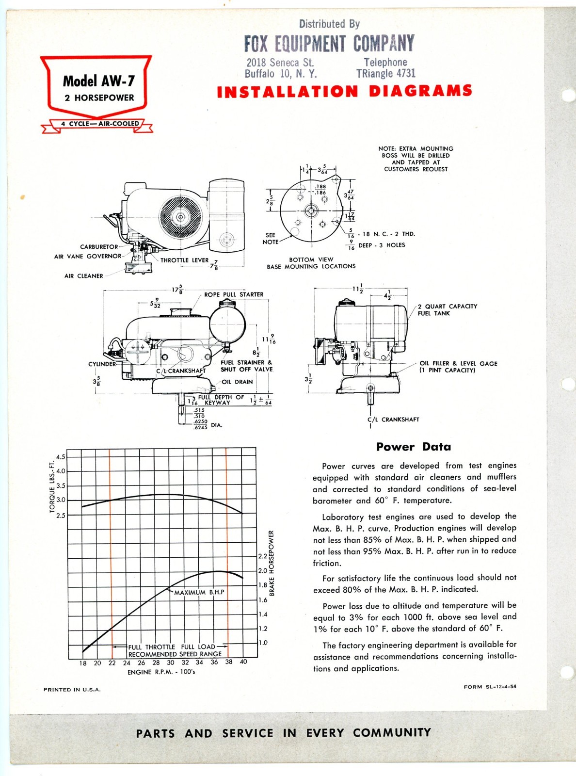 Continental Red Seal Air Cooled 2 HP Engine model AW-7 1954 sales brochure