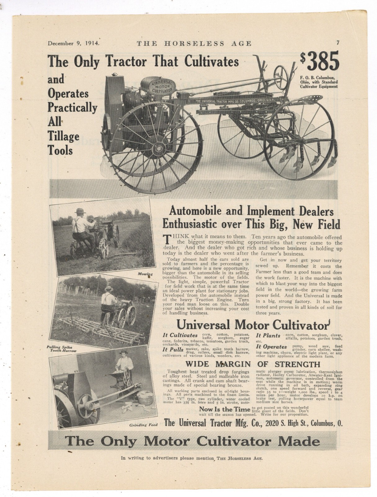 1914 Universal Tractor Mfg. Co. Ad: Universal Motor Cultivator – Columbus, OhiO