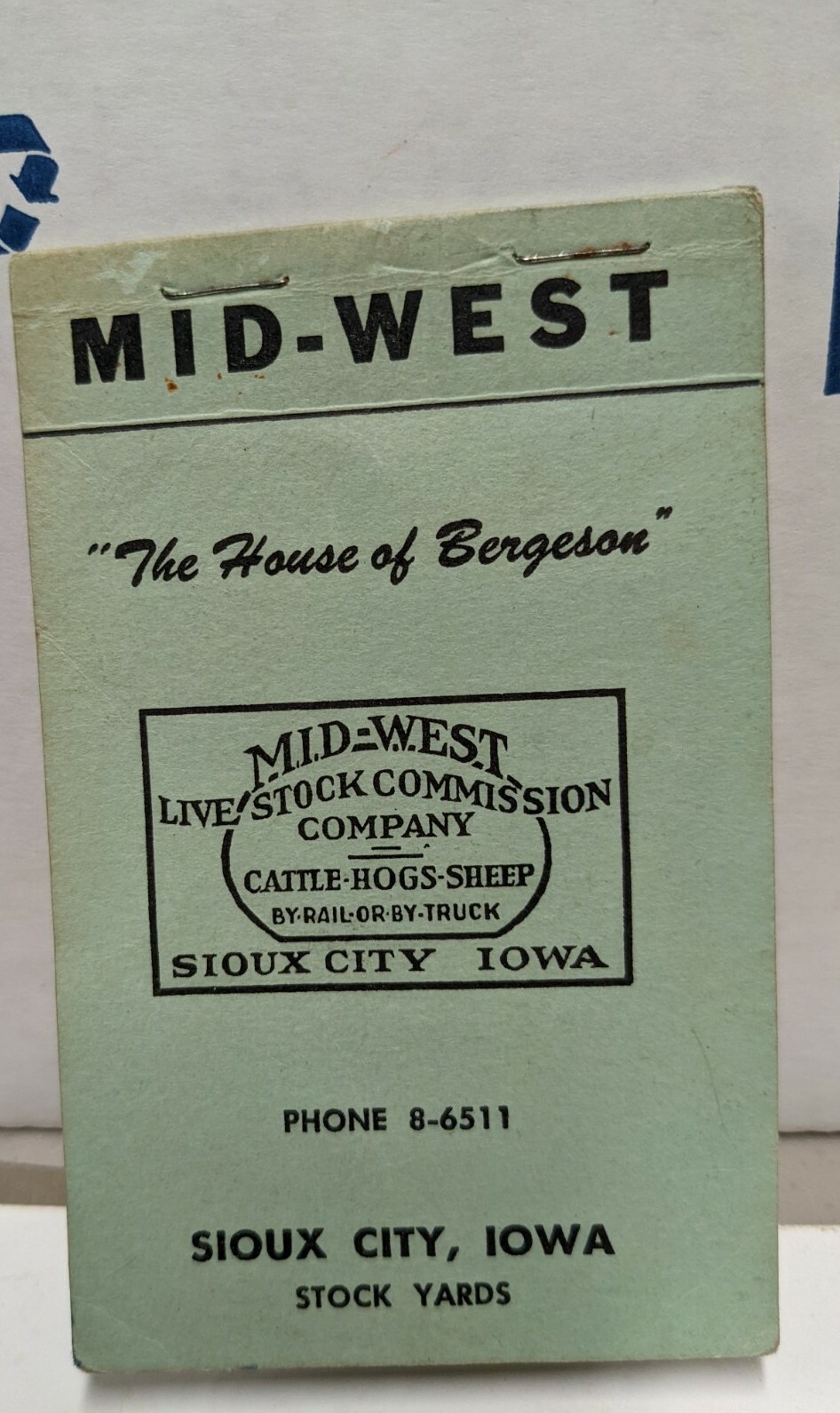 1954-1955 MidWest Livestock Comm House Of Bergeson Pocket Notebook Sioux City IA