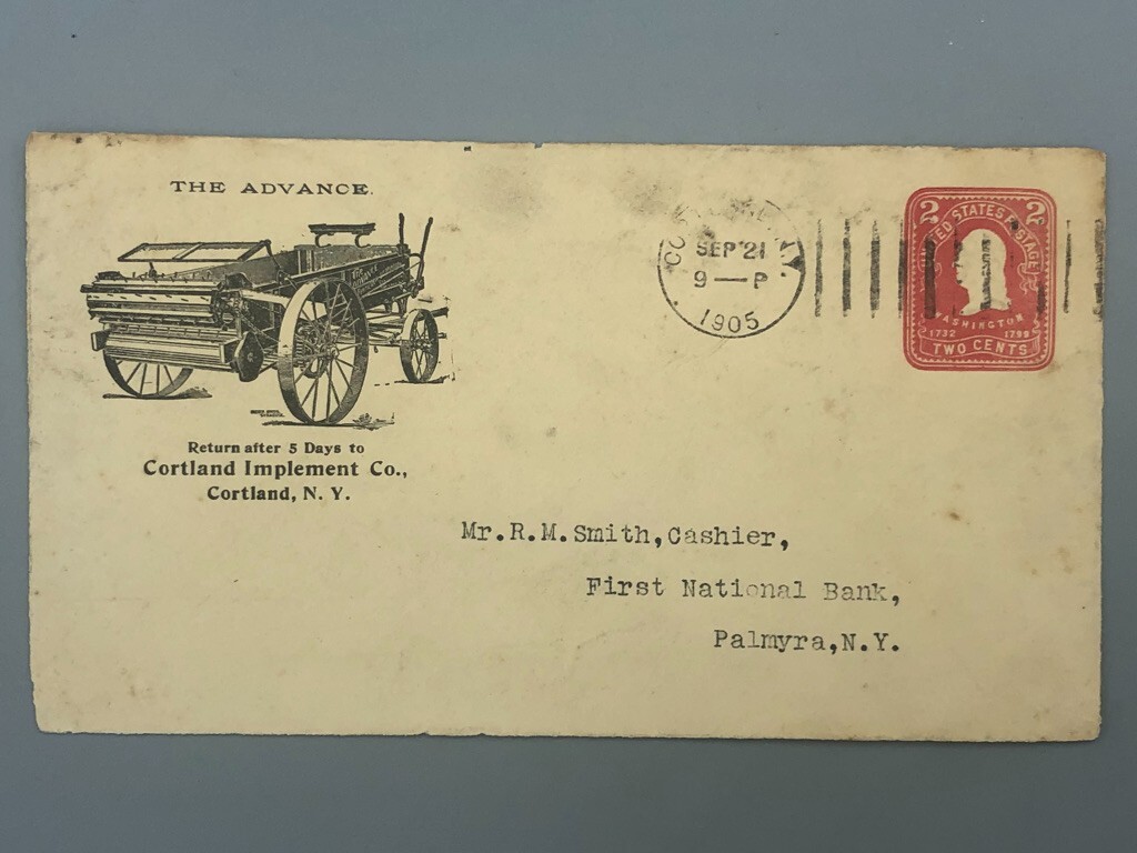 1905 CORTLAND NY Illustrated Postal Cover FACE ONLY Advertise Farm ADVANCE