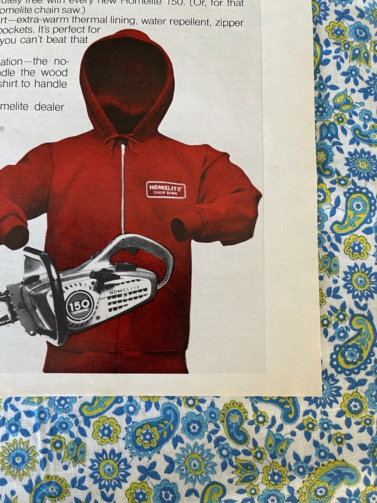 Vintage 1972 Homelite 150 Chainsaw Print Ad Sweatshirt Giveaway Hoodie