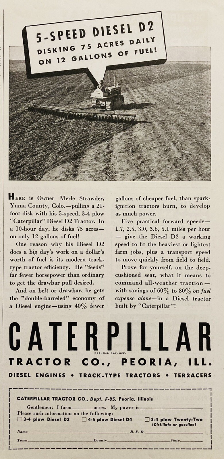 1938 AD.(XH70)~CATERPILLAR TRACTOR CO. PEORIA, ILL. CAT DIESEL D2 TRACTOR