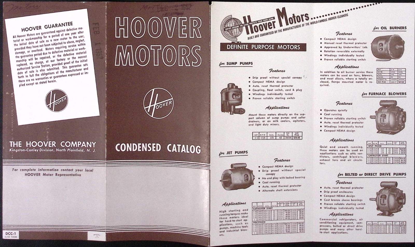 1952 Hoover Motors Condensed Catalog North Plainfield NJ