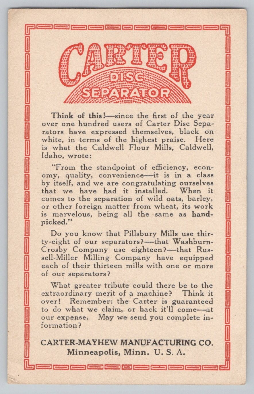 Carter Disc Separator Carter Mayhew Mfg Co May Calendar Trade Card 3.5×5.75&Prime;