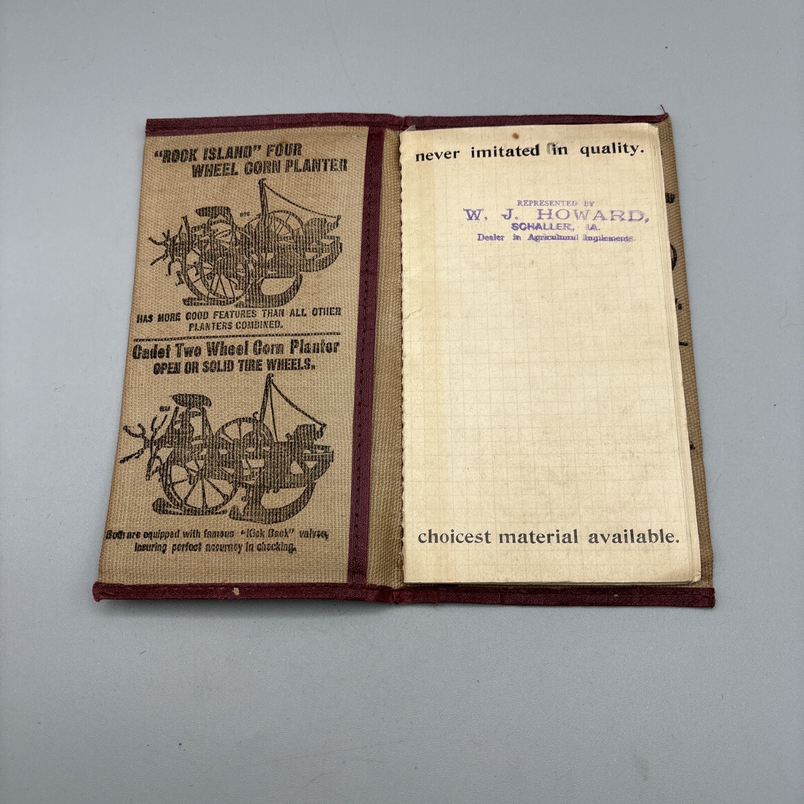 Antique Rock Island Plow Advert. Canvas Notebook & I.O.O.F Resume Schaller, IA
