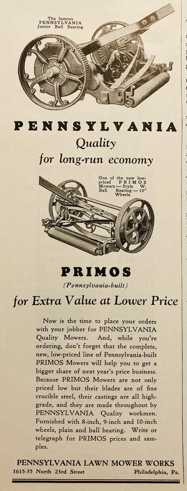 1929 AD.(XH83)~PENNSYLVANIA LAWN MOWER WORKS, PHIL., PA. PRIMOS LAWN MOWERS