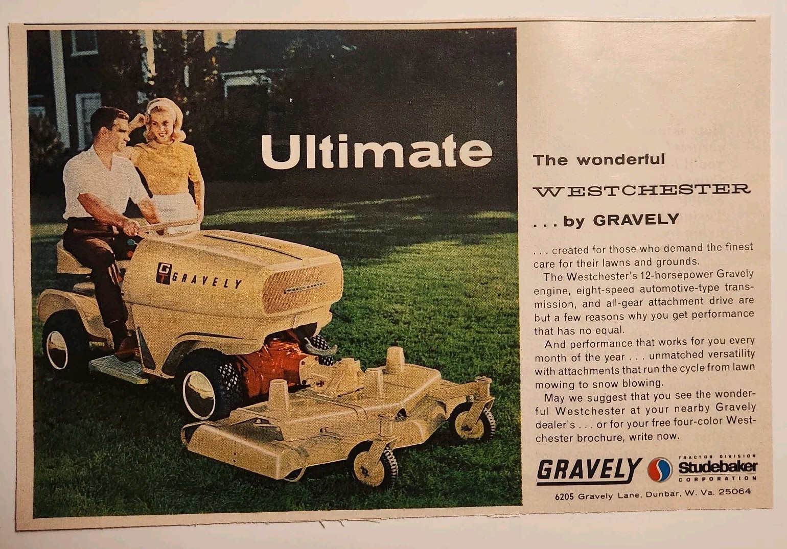 1964 Gravely Westchester Garden Tractor Retro Original Print Ad 1960s Dunbar WV