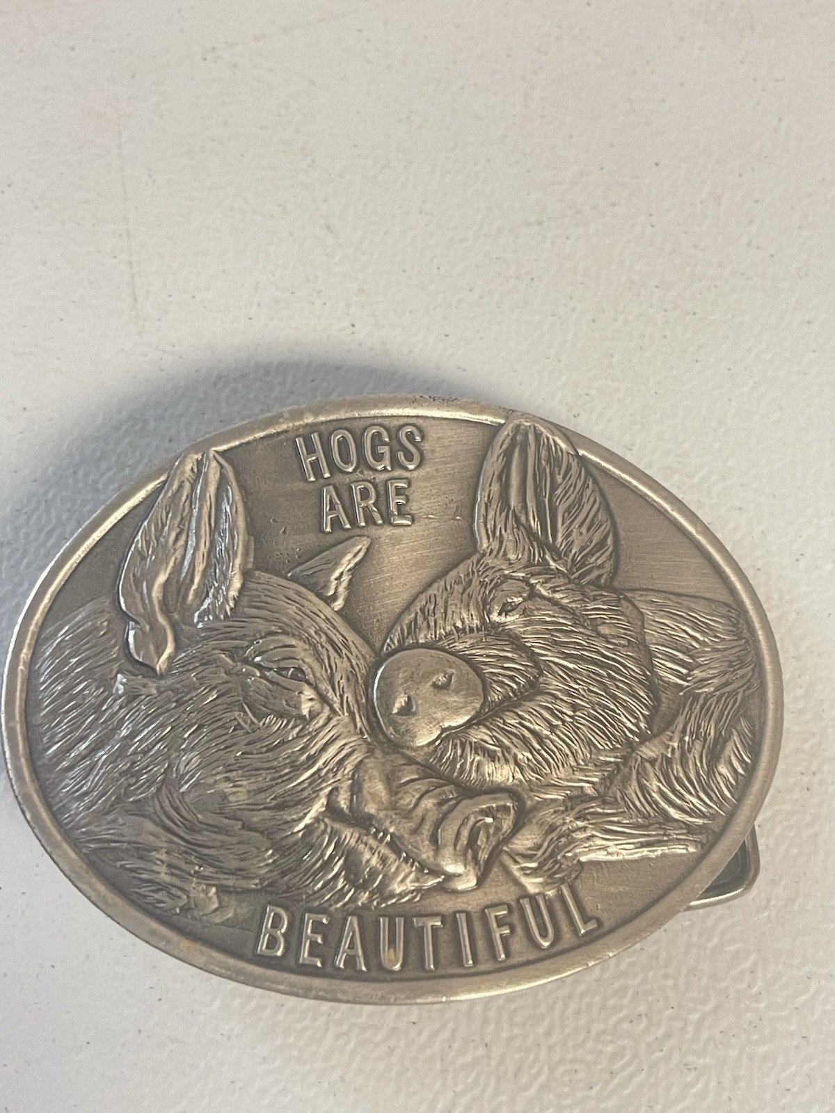 National Pork Producers Council Hogs Are Beautiful 1975 Belt Buckle Pigs Vintage