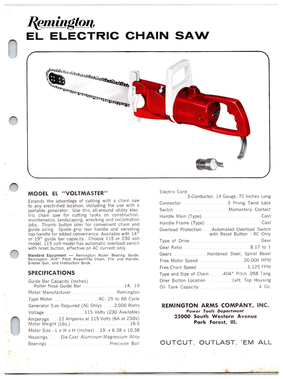 Vintage Original Remington Chainsaws Sales Sheet (Model EL / 3E) Info Sheet