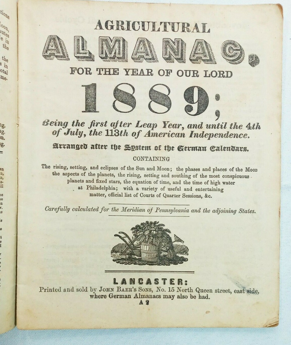 Vintage 1889 John Bear Baer&rsquo;s Agricultural Almanac Lancaster PA Antique Farmers