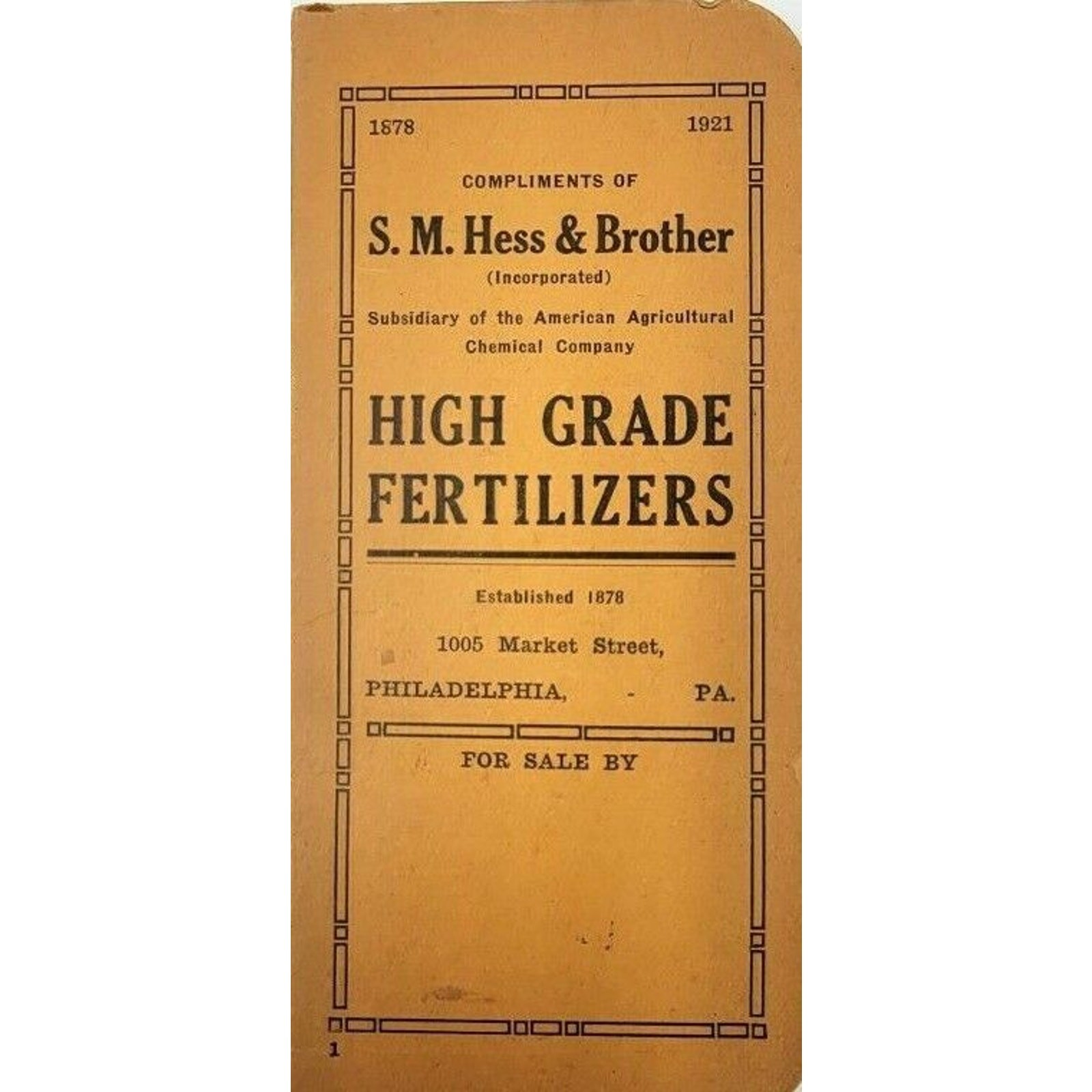 S.M. Hess & Brother Fertilizers Advertising Memo Notebook Philadelphia Pa 1921