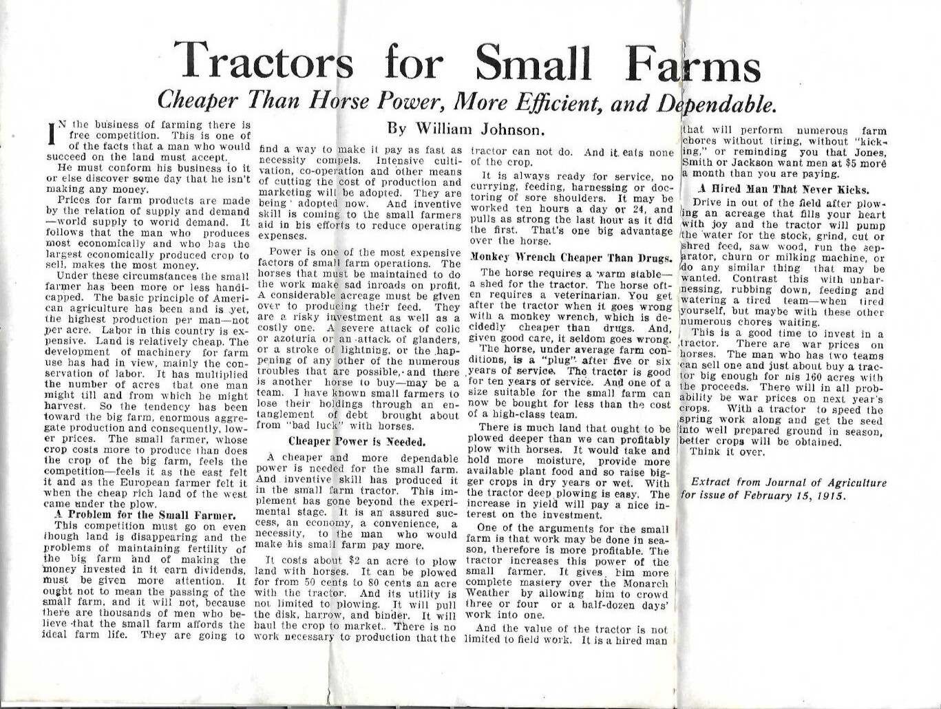 1915 ARTICLE~TRACTORS FOR SMALL FARMS, CHEAPER THAN HORSE POWER! MORE EFFICIENT!