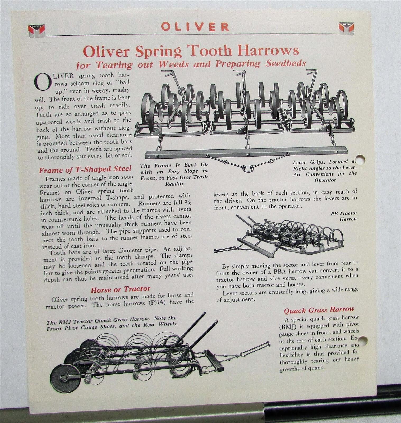 1942 Oliver Spring Tooth Specifications Agricultural Sales Folder