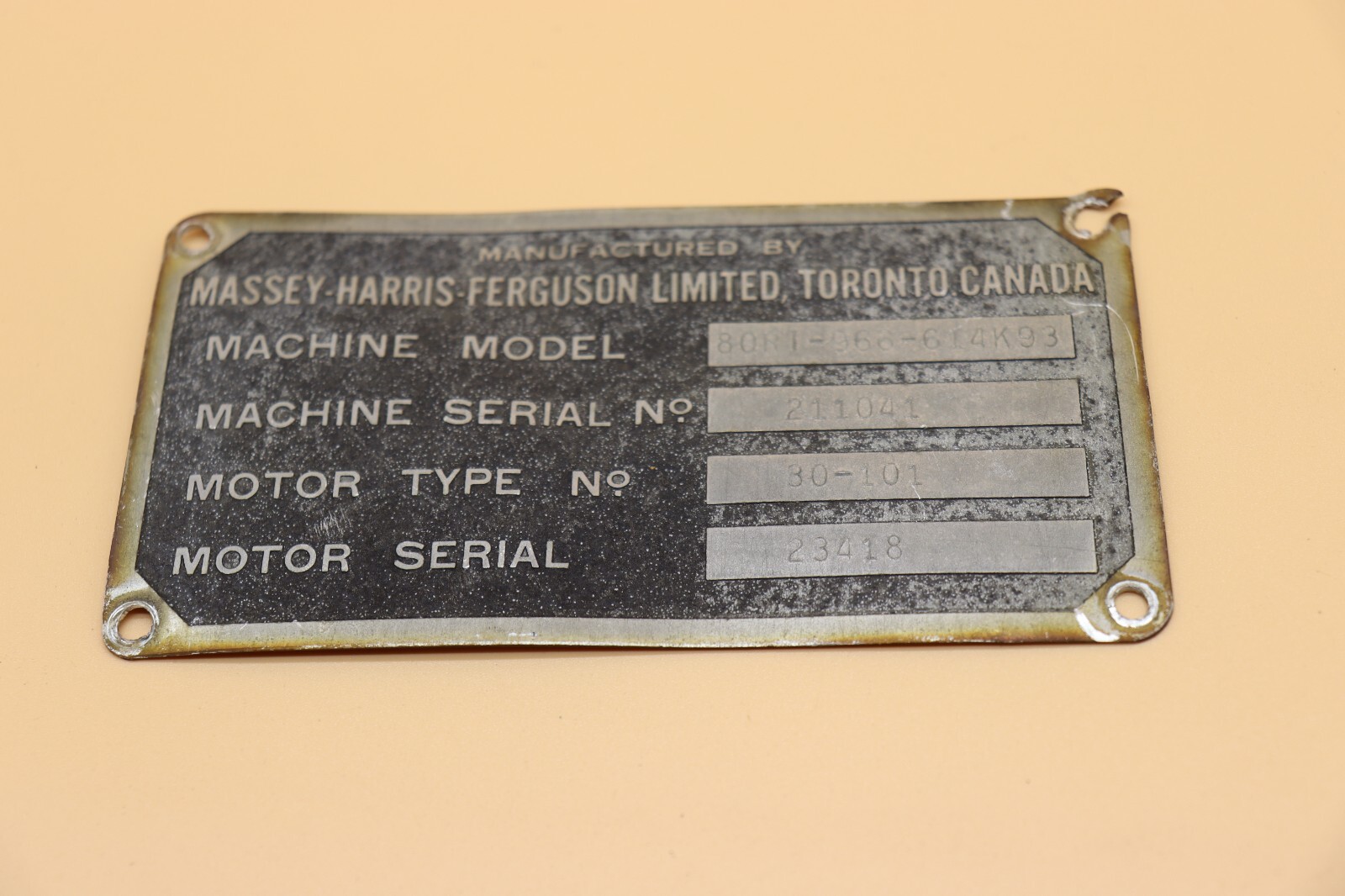 Massey-Harris-Ferguson Limited Toronto Canada ID Plate